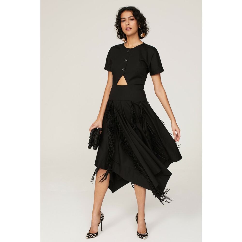 Bibhu Mohapatra Collective Black Cutout Fringe Asymmetric Midi Dress Size 14